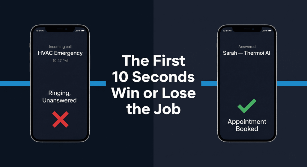 HVAC contractor answering emergency phone call at night — Thermoi AI phone system